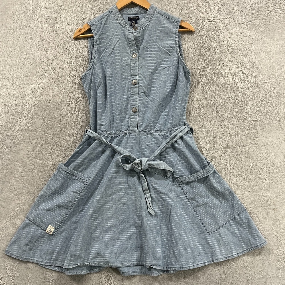 Us Polo Assn Shirt Dress Womens Medium Blue Cotton Belted Waist Button Front